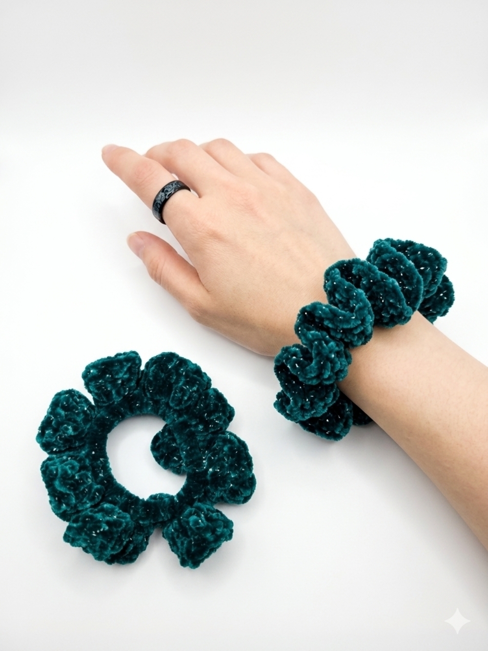 Velvet Teal Ruffle Scrunchie Hair Tie - Women Accessories
